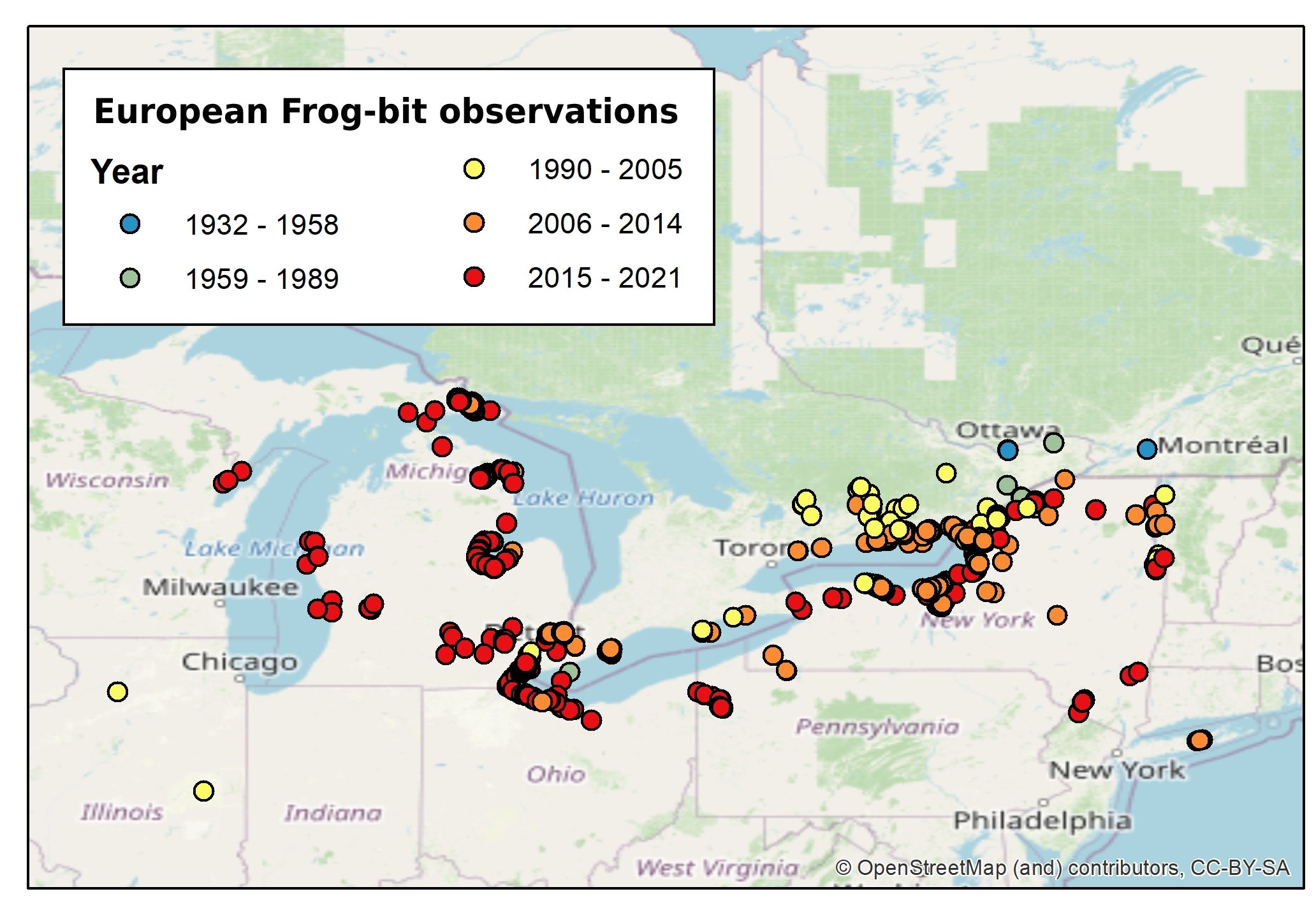 Great Lakes observations of European frog-bit submitted to the USGS Nonindigenous Aquatic Species database by year (current as of April 15, 2022). 