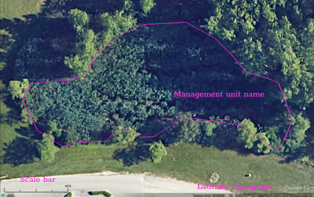 Satellite imagery showing a polygon boundary around a proposed example PAMF management unit. A scale bar and indication of latitude/longitude are also shown.